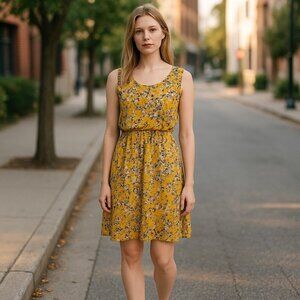KAILEIGH SZ XL Tasha Stretch Knit Sleeveless Crossover Back Yellow Floral Dress